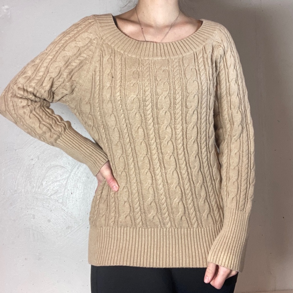 Neutral Tan Cable Knit Scoop Neck Sweater